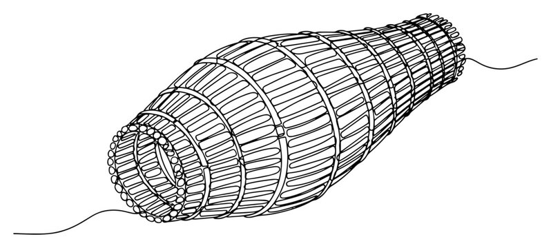 Traditional wicker fish trap basket for fishing in minimalist continuous one line art style