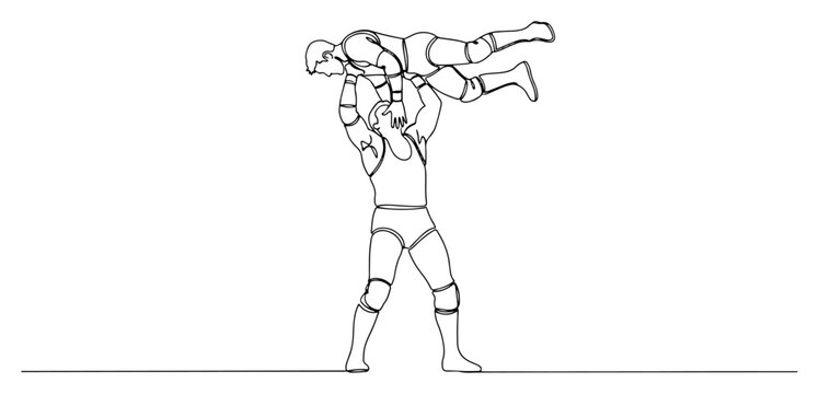 Pro wrestlers performing power lift move in continuous line art style