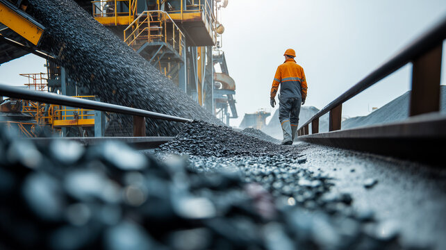 Industrial worker in safety orange uniform walking next to a conveyor belt moving coal at a mining factory plant. Heavy metallurgy industry facility with worker from behind