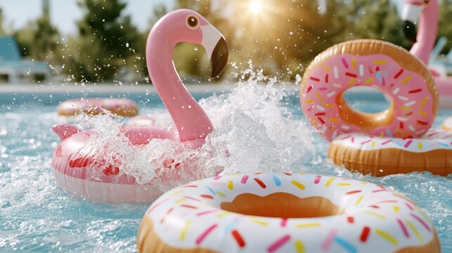 Fun summer day with inflatable flamingo and donuts splashing in a pool