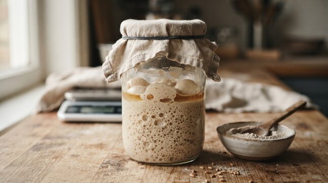 Sourdough starter bubbling in jar with cloth cover on wooden kitchen table  