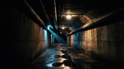 Fototapeta premium Dark concrete tunnel passage with overhead pipes, water puddles on floor. Light beams pierce gloomy atmosphere, revealing industrial architecture, watery reflections. Mysterious underground journey.