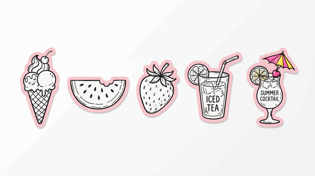 Hand-drawn summer sticker set featuring ice cream watermelon strawberry iced tea and cocktail icons isolated on white background