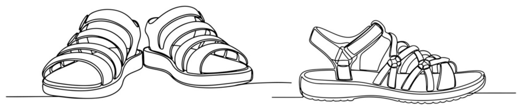 Summer sandals for outdoor walking and travel in continuous line art style