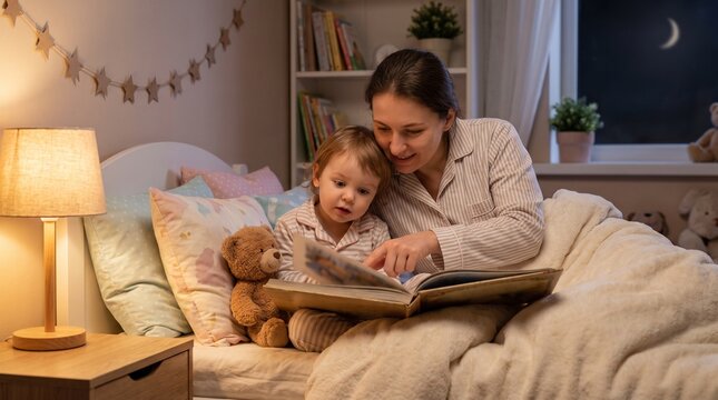 Bedtime story parent child together in cozy bedroom at night  