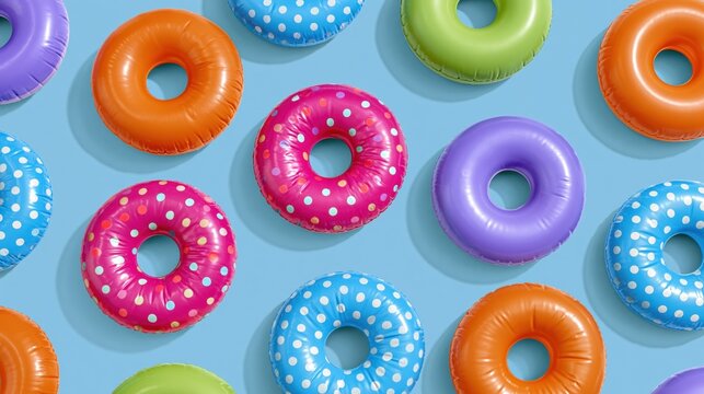 Colorful inflatable rings arranged in a playful pattern on a blue background