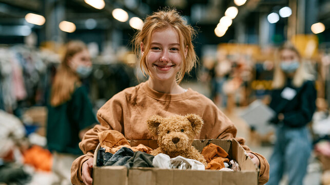  Portr&auml;t einer l&auml;chelnden jungen Freiwilligen mit einem Spendenkarton voller Kleidung und einem Teddyb&auml;r in einem Hilfszentrum