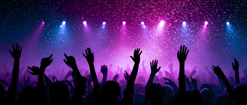 Silhouette of cheering crowd with raised hands dancing at a night club party, falling confetti and purple stage neon lights.