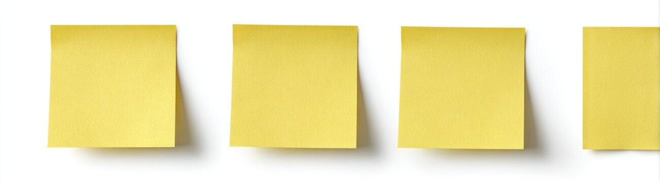Four yellow sticky notes in a row with shadows