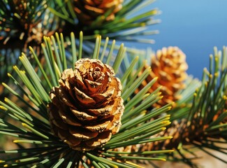 Fototapeta premium Pine cones with green needles grow on tree branches near water. Bright summer day with clear blue sky provides fresh, natural outdoor scenery. Woody plant life shows organic growth.