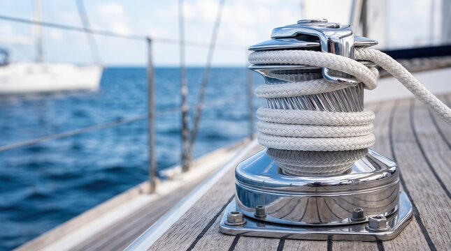 A sailboat winch sits on the deck with ropes neatly wound. The ocean is visible in the background. The sky is clear and bright. This scene shows a moment during a sailing adventure