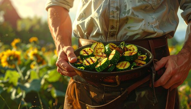 Close-up of person holding grilled zucchini in a bowl amidst sunflower field, warm sunlight