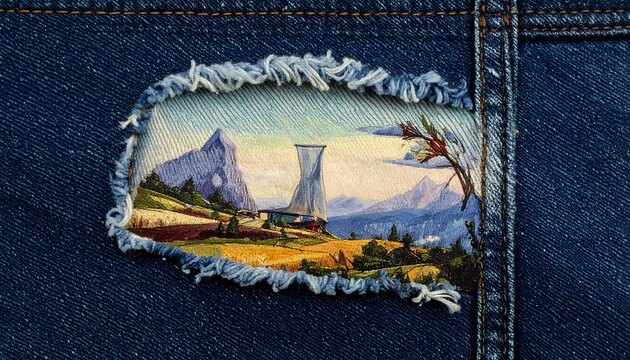 Close-up of denim jacket, showcasing a landscape painting. The painting depicts mountains, trees, and a tall structure. The patch has frayed edges