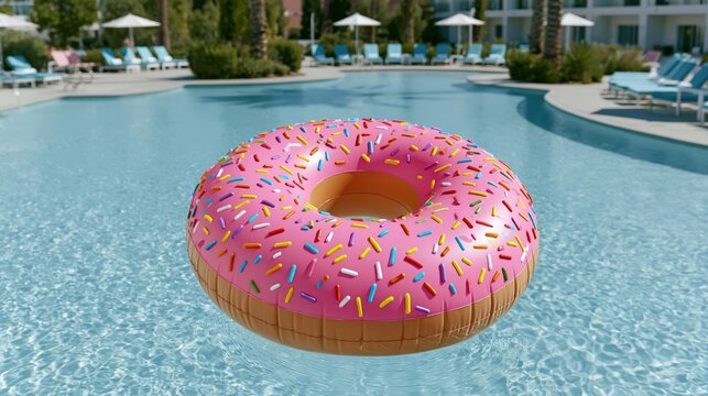 Giant inflatable donut float drifting in a clear blue swimming pool