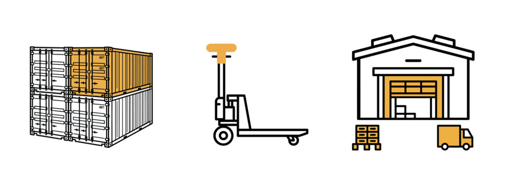 Set of logistics and warehouse icons featuring shipping containers, a pallet jack, and a storage facility.