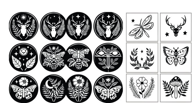 A grid of twenty individual black and white illustrations arranged in a  layout, featuring various nature-inspired motifs with a mystical, occult aesthetic. The designs include detailed moths with int