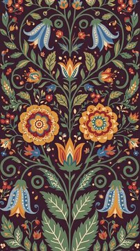 Intricate floral textile pattern featuring symmetrical designs and vibrant colors for decorative use