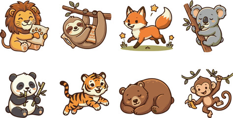 Obraz premium Various animals are gathered in a forest scene together happily.