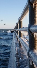 Fototapeta premium Icy metal railing adorns seaside pier during winter. Long icicles hang from structure against backdrop of choppy ocean waves. Birds fly above, adding dynamic element to frosty scene. Cold weather