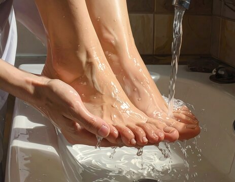Close-up of feet receiving a spa treatment. Water pours over the feet from a silver faucet. Hands gently hold and assist the procedure