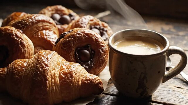 Morning breakfast scene with a cup of coffee and freshly baked croissants and pastries on a wooden table.