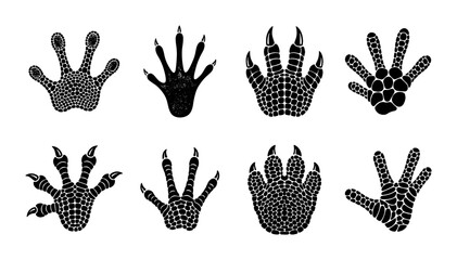 Diverse Animal Paw Prints Vector Icons Set, Reptile and Mammal Footprints Collection, Black and White Graphic Elements © Faija
