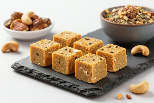 Close up view presents mava chikki cubes on slate surface. Indian sweet treat displays creamy khoya texture with nuts. Bowls filled with cashews pistachios surround sweets. Warm lighting highlights