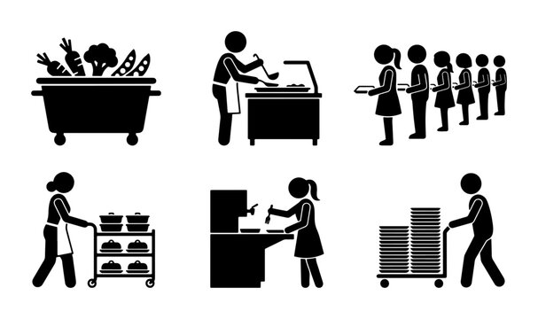 Canteen Food Service Icons: Cafeteria Line, Serving, Food Prep, Catering Trolley, Stacked Trays