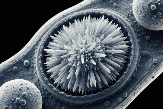 Detailed microscopic view plant cell structure. Needle-like crystals form bundles inside vacuole. Botanical illustration shows calcium oxalate defense system. Science education resource biology