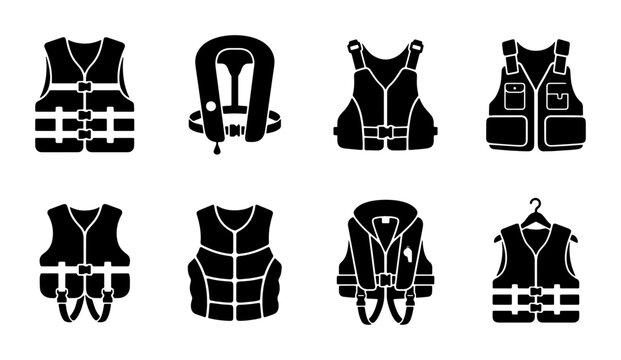 Life Vest Icons Set: Safety Gear Collection, Water Sports Apparel, Buoyancy Aids, Marine Equipment