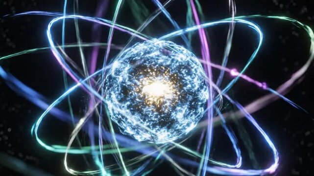 Abstract Glowing Atom With Orbiting Electrons, Science Concept, Quantum Physics and Molecular Structure Visualization.