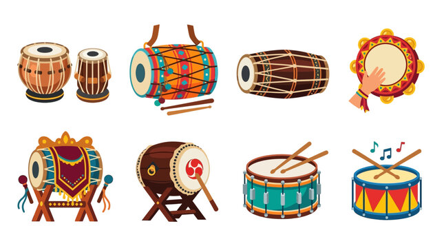 Vector illustration of various traditional drums and percussion instruments on display