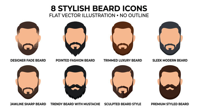 Vector illustrations of eight stylish beard icons in various modern designs and styles for facial hair enthusiasts