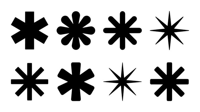 Minimalist asterisk icon set, black starburst vector shapes, 8 geometric spark symbols for logo