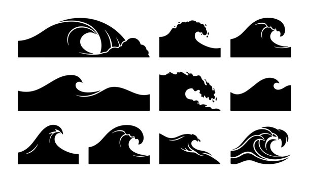 Ocean wave silhouette icons, 10 black sea surf vector elements, minimalist water ripple graphics