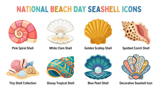 National Beach Day Vector Set featuring colorful seashell icons including pink spiral shell, white clam shell, golden scallop shell and more