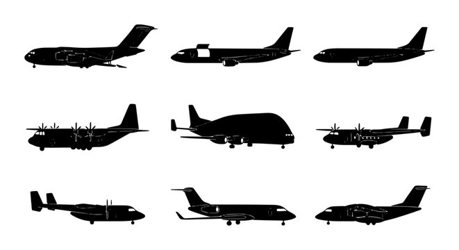 Diverse Aircraft Silhouettes Collection: Jetliners, Cargo Planes, Helicopters, and Military Aviation Icons