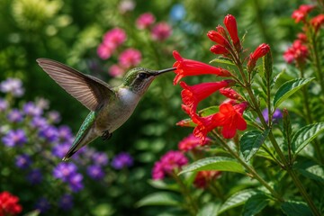 Fototapeta premium Hummingbird feeding from red trumpet flower in garden blooming