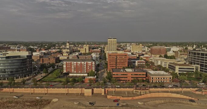 Evansville Indiana Aerial v2 drone flyover Ohio river showcasing a vibrant urban landscape with diverse architectures and a prominent waterfront at sunset - Shot with Mavic 3 Pro Cine - September 2023