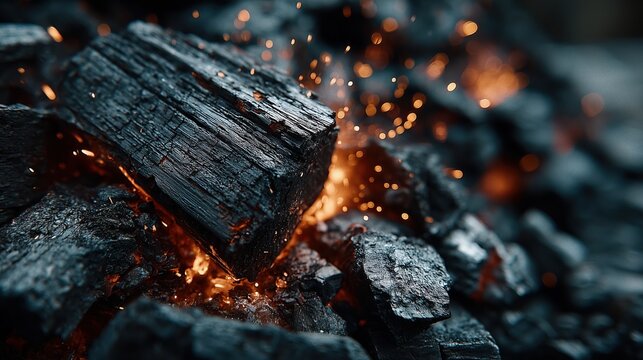 Close up of glowing charcoal briquettes burning with intense heat and orange embers. Macro shot of hot coals for barbecue grill or industrial heating background texture.