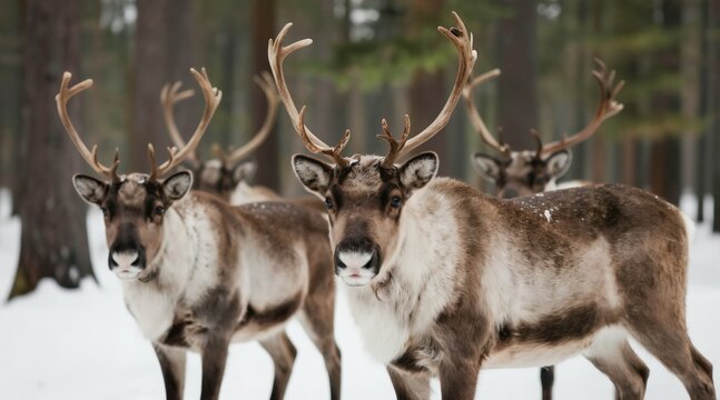Herd of reindeer standing in snowy forest looking forward. These wild animals have large antlers and brown fur. Winter scene with several cervids.