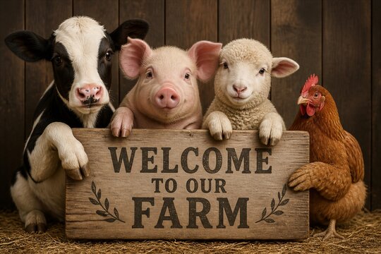 Cow pig lamb and chicken posing with welcome sign inside wooden barn