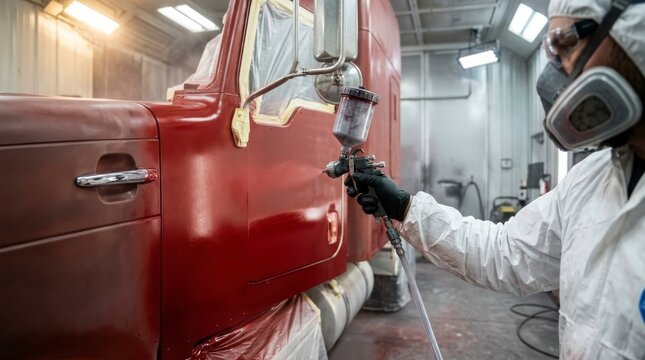 Man painting red car in workshop