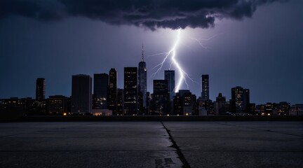 Naklejka premium City skyline at night under dark stormy clouds with bright lightning bolt striking through skyscrapers. Dramatic urban landscape with illuminated windows on tall buildings during severe thunderstorm.