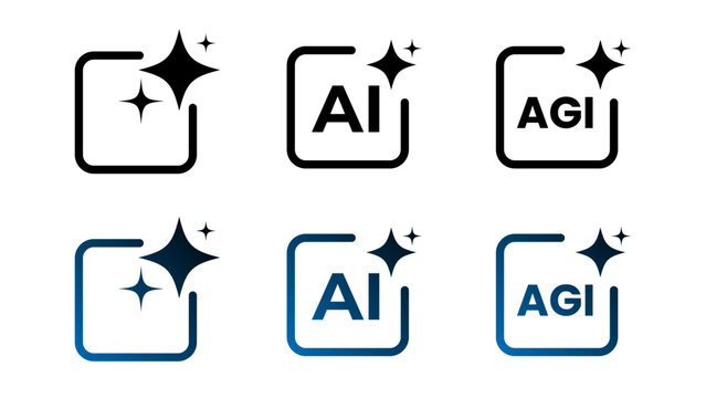 AI and AGI Technology Icon Set &ndash; Black Blue Gradient Sparkle Square Collection