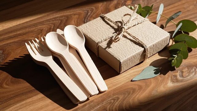 Wooden cutlery, gift box with twine, and eucalyptus sprig on a wooden table, overhead shot