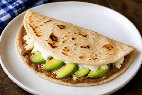 Folded quesadilla with avocado and refried beans on plate