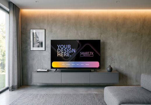 Smart Tv Mockup on tv console in living room in modern interior with ambient light