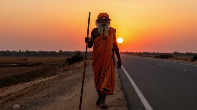 Hindu ascetic walks along open road during vibrant sunset. Lone man with staff traverses dusty path under orange sky. Spiritual seeker embodies ancient Indian tradition, journeying toward horizon.