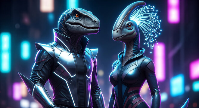 Futuristic Velociraptor Parasaurolophus Pair in Cyberpunk Neon City